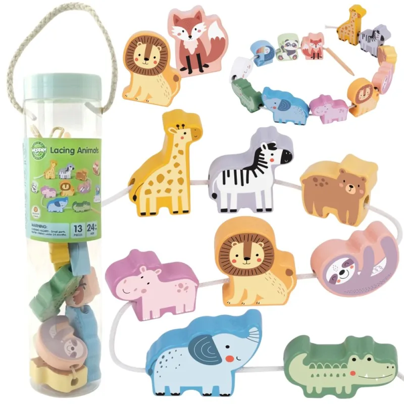 Mediniai vėrimo blokai WOOPIE GREEN Intertwining ZOO (Montessori), 13 vnt · 1
