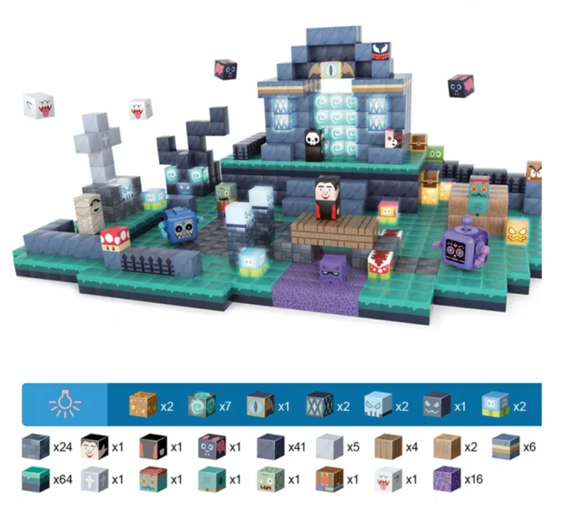 Šviečiančios minecraft magnetinės kaladėlės „Pixel“ – 190 dalių konstruktorius su LED elementais · 1