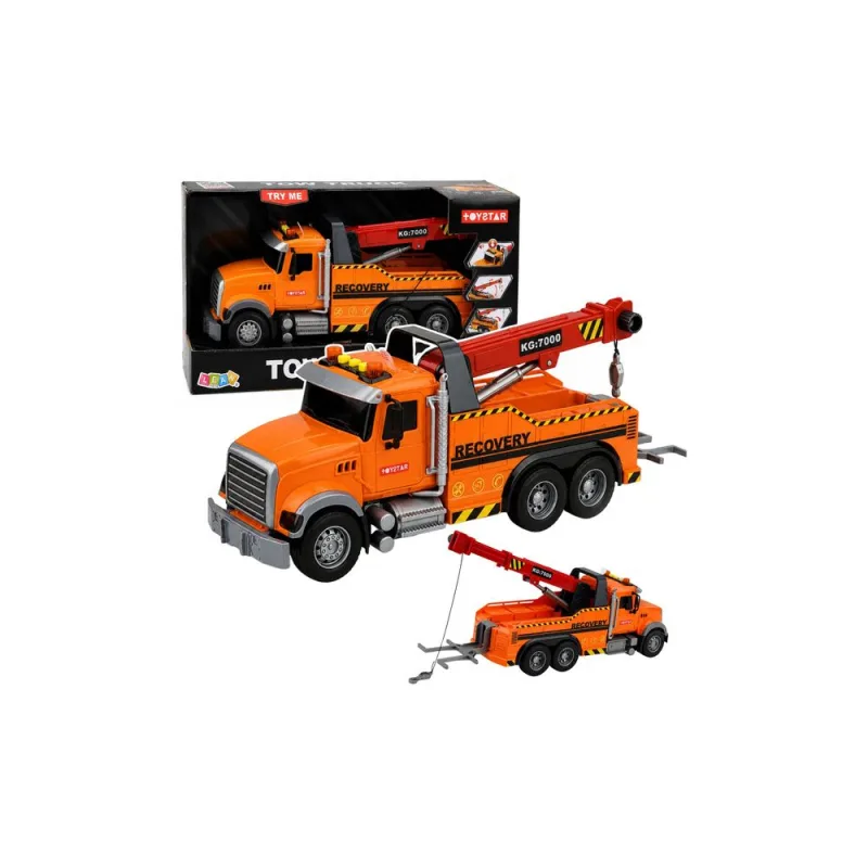 Sunkvežimis su kranu, kelių pagalbos automobilis, kabliukas, žibintai, garsai, oranžinis, 1:18 · 1