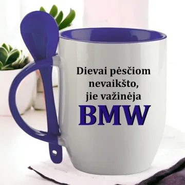 Puodelis su šaukšteliu „Dievai pėščiom nevaikšto BMW“