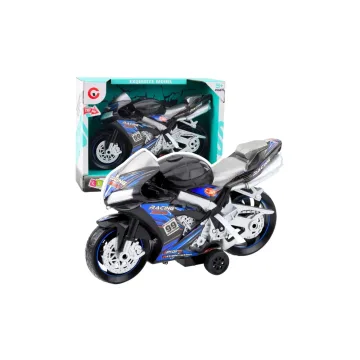 Lenktyninis motociklas, variklis, apšvietimas, garsai, juodos ir mėlynos spalvos