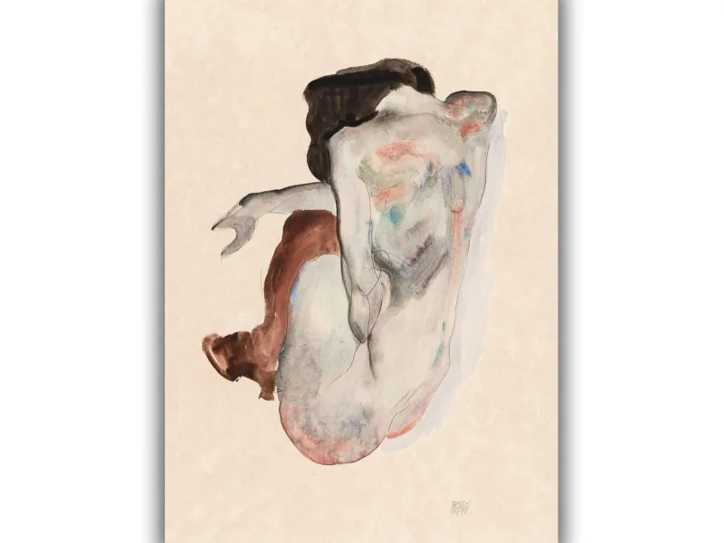 Reprodukcija „Pritūpusi nuoga moteris su bateliais ir juodomis kojinėmis“, Egon Schiele (1912)