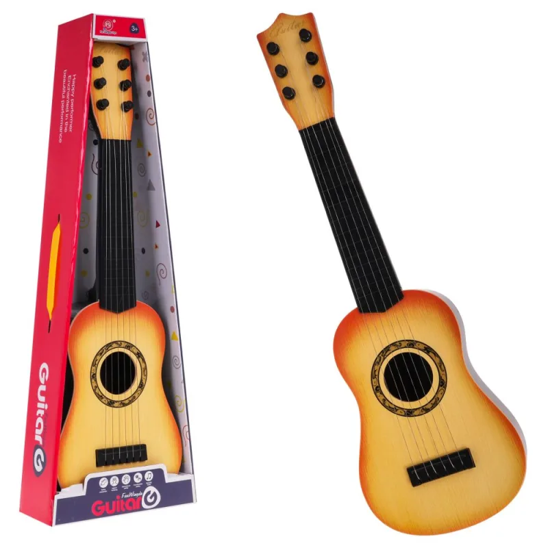 Klasikinė gitara vaikams nuo 3 metų. Šviesiai rudos spalvos žaislinis instrumentas + 6 metalinės stygos · 1