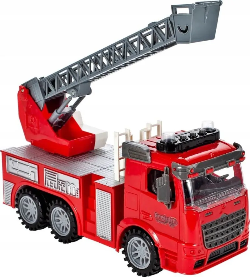 Žaislinis gaisrinis automobilis su besisukančiomis kopėčiomis, 28 cm · 2