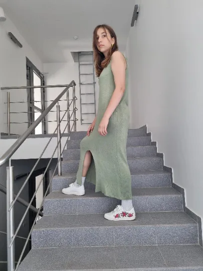 Žalia moteriška lininė suknelė, Merino Midi suknelė, Ilga megzta suknelė moterims, Lietuviško trikotažo suknelė