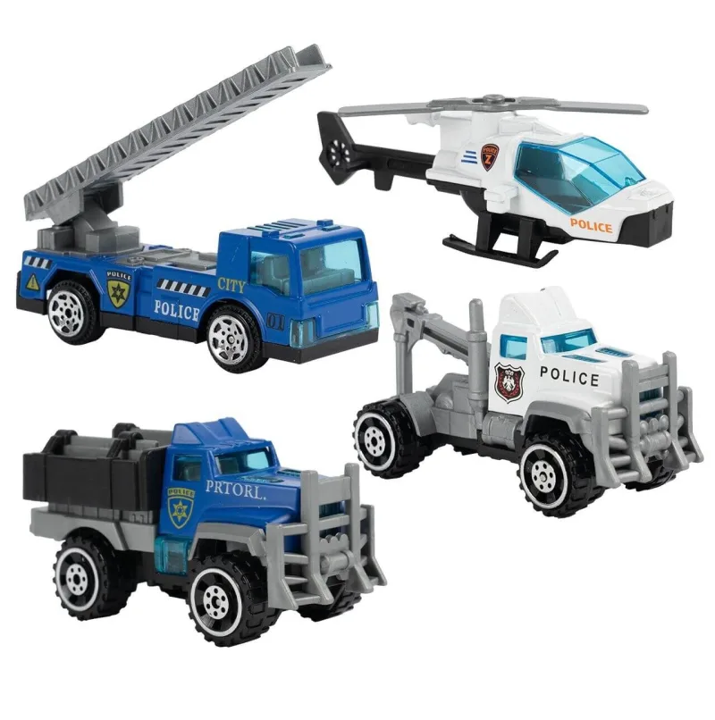 Žaislinė policijos automobilių stovėjimo aikštelė su 3 automobiliais ir sraigtasparniu · 2
