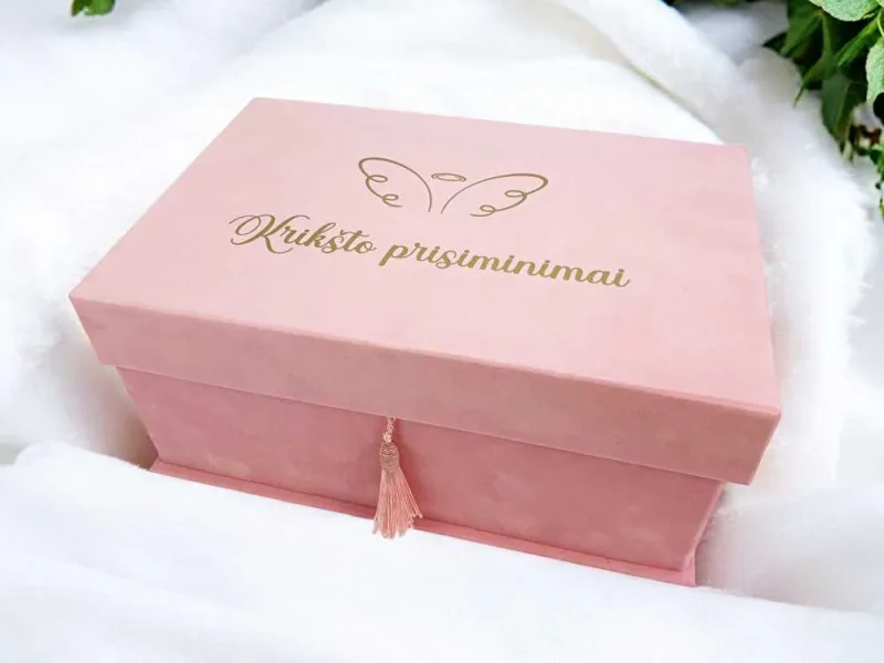 Veliūrinė dėžutė - krikštadėžė „Krikšto prisiminimai“
