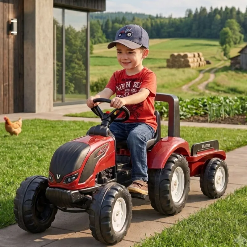 Minamas traktorius FALK Valtra S4 ir priekaba bordo spalvos, skirtas 3–7 metų vaikams · 2
