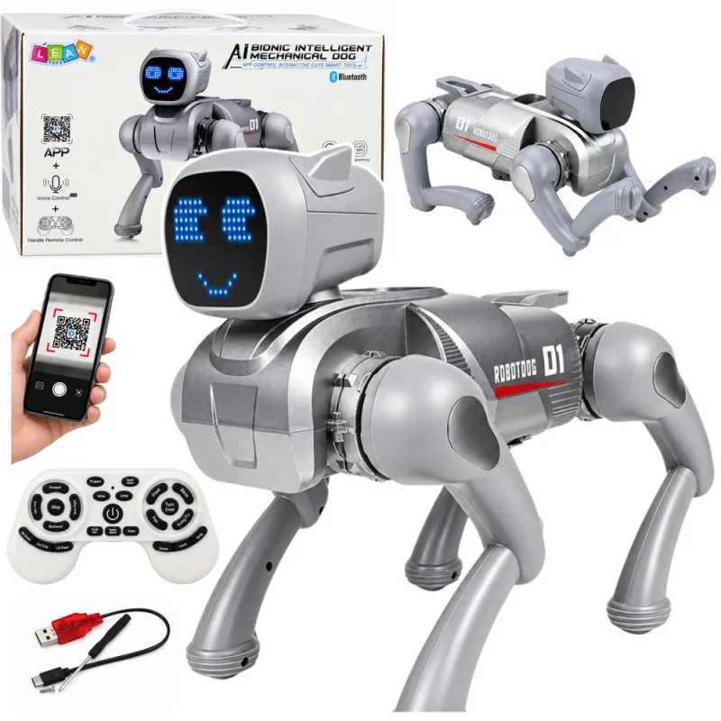 Šuo-robotas su dirbtiniu intelektu, nuotoliniu valdymu, RC, „Bluetooth“, programuojamas per programėlę, sidabrinės spalvos · 1
