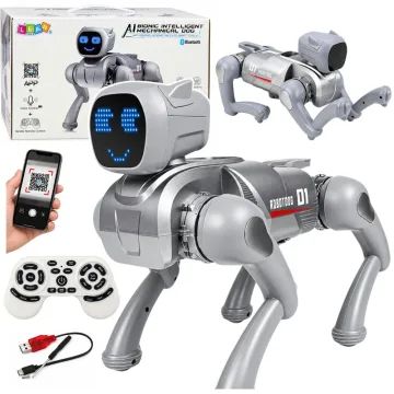 Šuo-robotas su dirbtiniu intelektu, nuotoliniu valdymu, RC, „Bluetooth“, programuojamas per programėlę, sidabrinės spalvos
