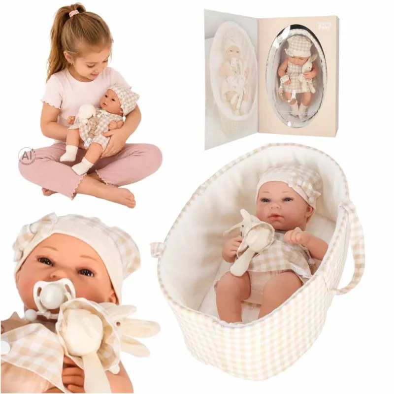 Lėlė kūdikis su nešiokle ir priedais, 38 cm, balta/smėlio sp. · 1