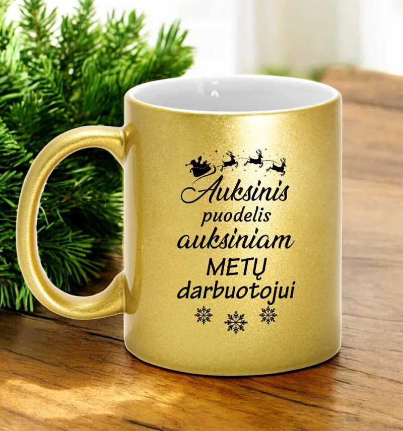 Aukso spalvos puodelis su blizgučiu „Auksinis puodelis auksiniam metų darbuotojui“
