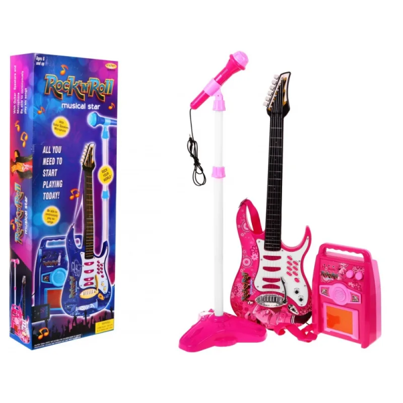 Gitara su priedais vaikams nuo 6 metų. Rožinis muzikos rinkinys: stiprintuvas + mikrofonas · 2