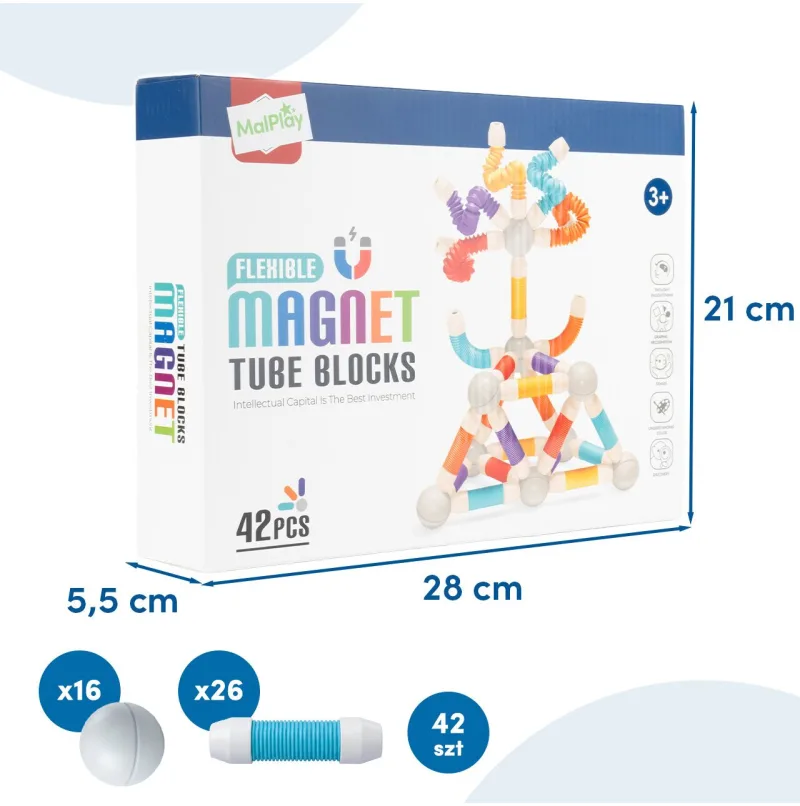 Magnetinis vamzdelių konstruktorius, 42 dalys, lanksti 3D konstrukcija · 2