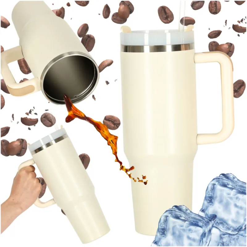 Termo puodelis su šiaudeliu ir rankenėle 1200ml kreminė sp. · 1