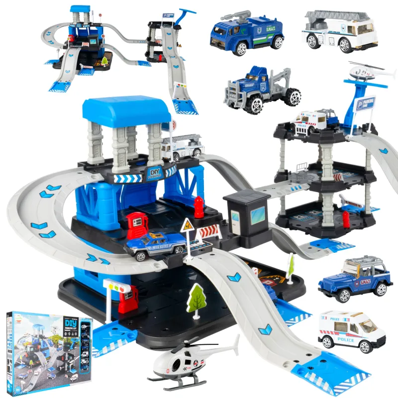 Žaislinė trasa - parkavimo komplektas + 6 metaliniai automobiliai ir sraigtasparnis · 1