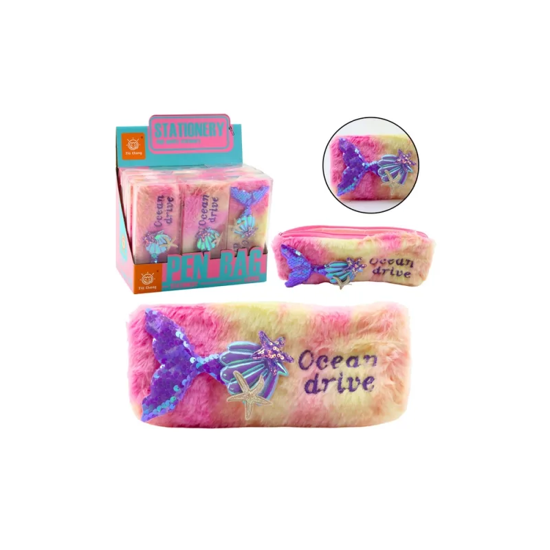 Pliušinis pieštukinis dėklas su blizgučiais, primenančiais undinės uodegą, rožinės ir violetinės spalvos