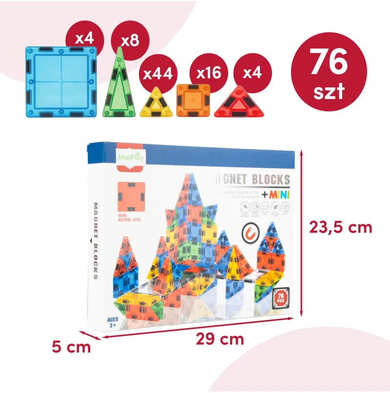 Magnetinis konstruktorius 3,75 cm mini blokeliais, 76 vnt. · 2