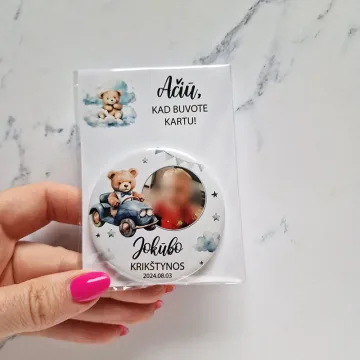 Magnetukai krikštynoms su padėkos kortele „Meškiukas mašinoje“