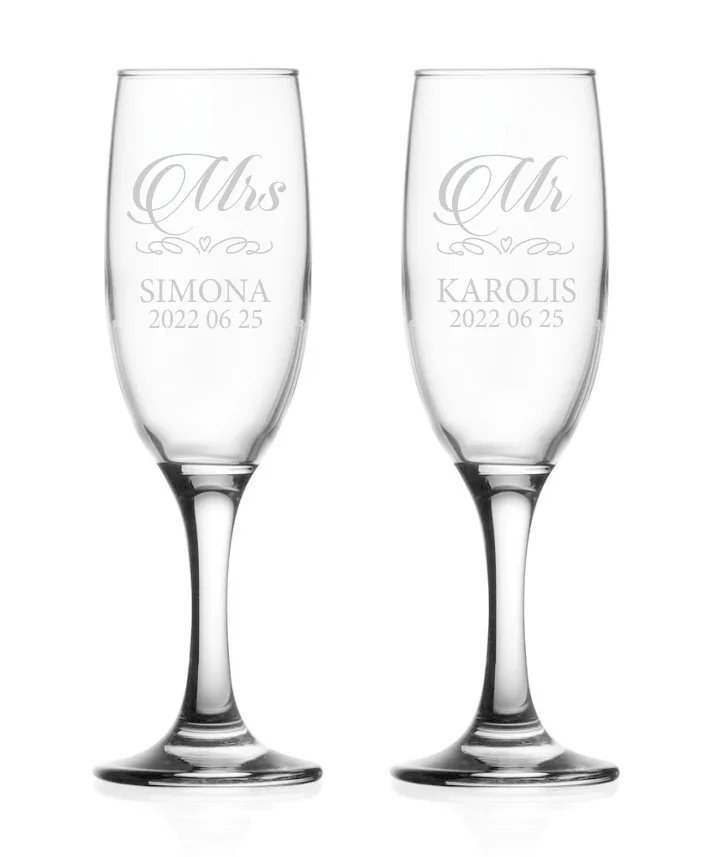 Stiklinės taurės šampanui „Mr, Mrs“ (Su vardais ir data)