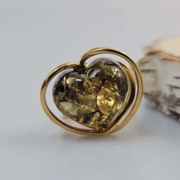 Žalias Gintarinis žiedas Amber ring didelis žiedas su gintaru ir auksu širdis