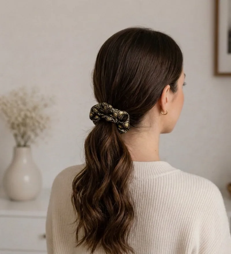 Juoda satino plaukų gumytė su auksiniais ornamentais