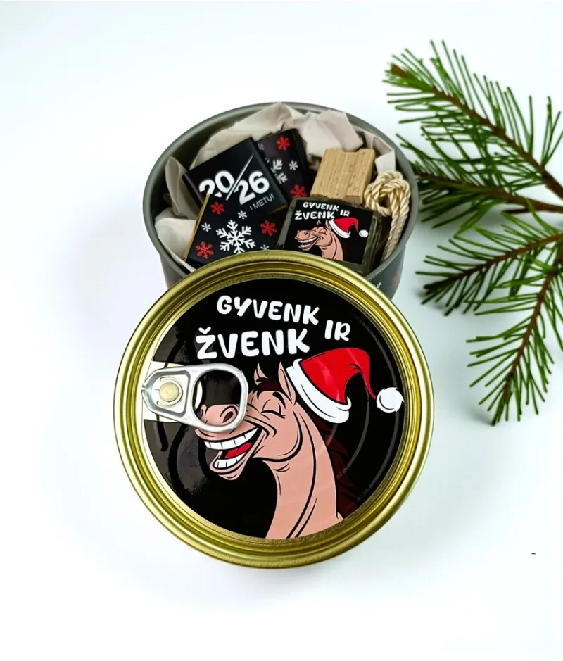 Dovana konservų skardinėje su mini šokoladukais „Gyvenk ir žvenk“