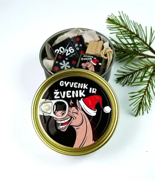 Dovana konservų skardinėje su mini šokoladukais „Gyvenk ir žvenk“