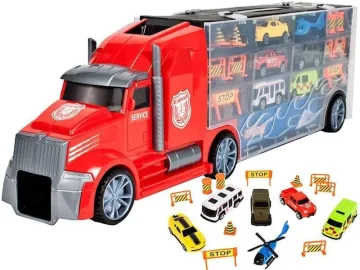 Didelis žaislinis sunkvežimis su 5 automobiliais ir malūnsparniu