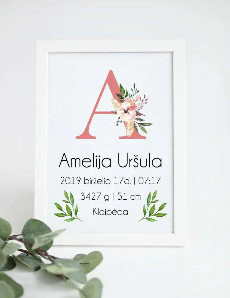 Plakatas metrikai vaikams „Gėlėtos raidės“