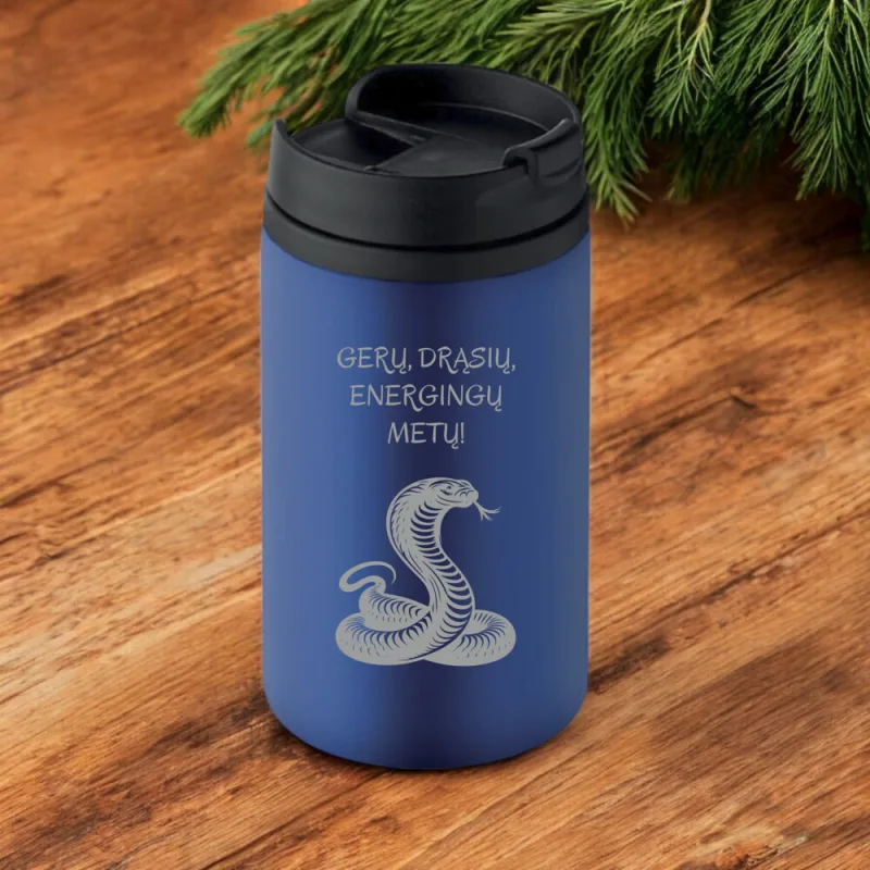 Mėlynas termo puodelis su gyvate „Gerų, drąsių, energingų metų“ (250ml)