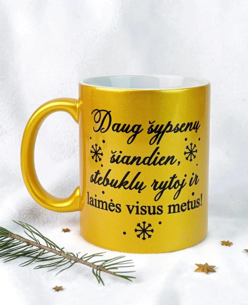Aukso spalvos puodelis su blizgučiu „Daug šypsenų šiandien“ · 1