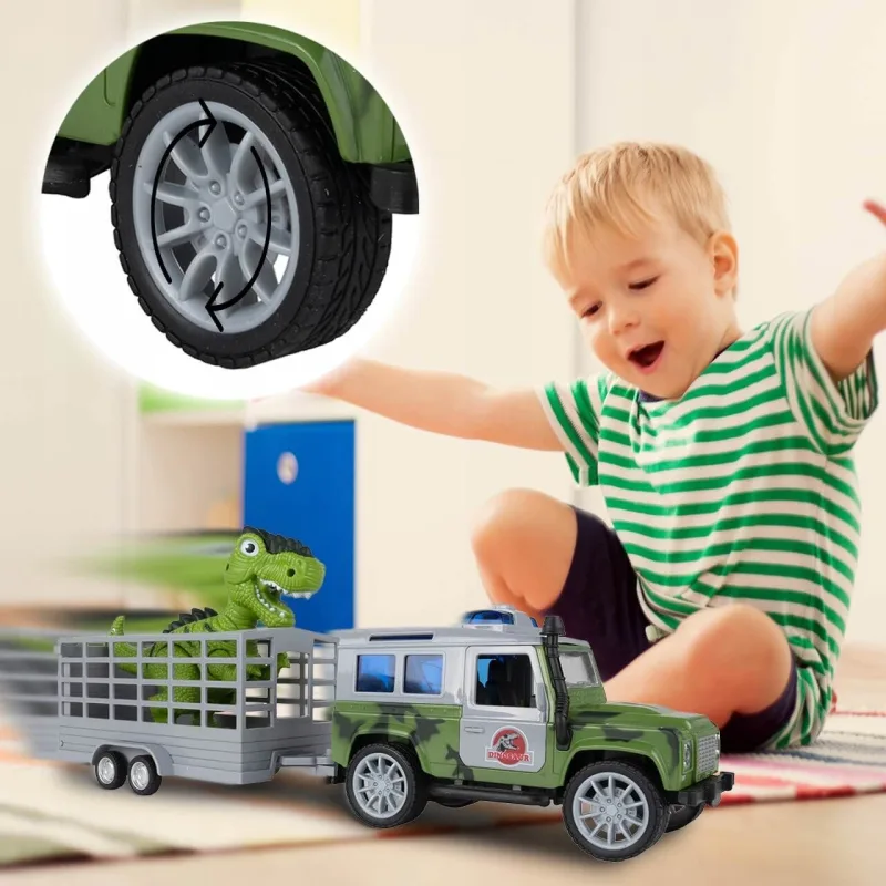 Žaislinis automobilis su dinozauru ir priekaba, su šviesos ir garso efektais · 2
