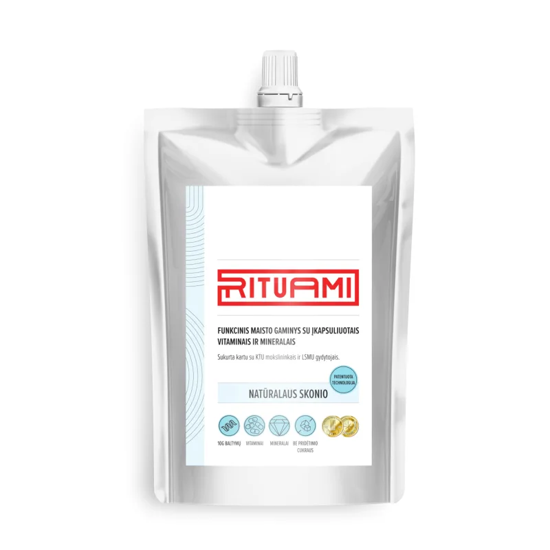 „RITUAMI“ funkcinis maisto produktas su įkapsuliuotais vitaminais ir mineralais. Natūralaus skonio