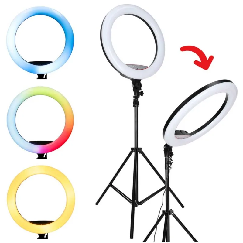 Žiedinė LED RGB lempa ant reguliuojamo trikojo su reguliuojama spalvos temperatūra 2700–7000 K ir telefono laikikliu · 1