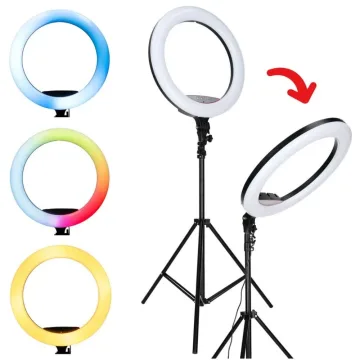 Žiedinė LED RGB lempa ant reguliuojamo trikojo su reguliuojama spalvos temperatūra 2700–7000 K ir telefono laikikliu