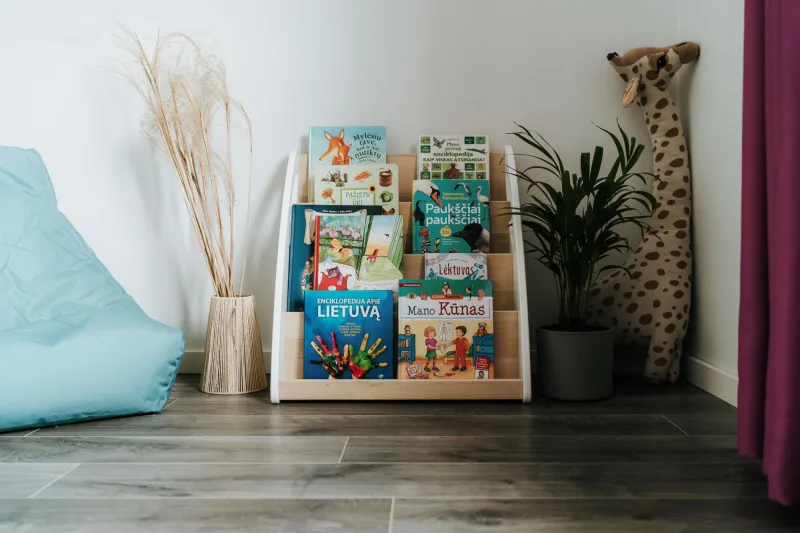 Montessori knygų lentyna su knygų saugykla