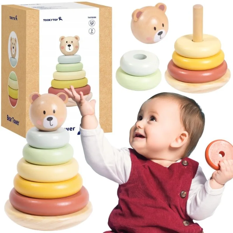 Medinė sensorinė dėlionė-piramidė TOOKY TOY Meškiukas, spalvotas · 1