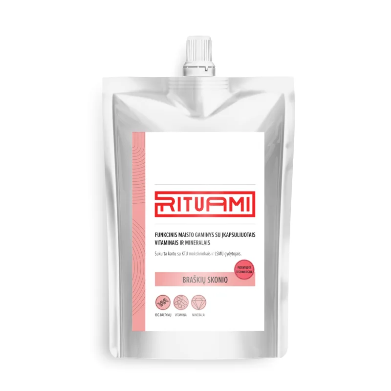 „RITUAMI“ funkcinis maisto produktas su įkapsuliuotais vitaminais ir mineralais. Braškių skonio