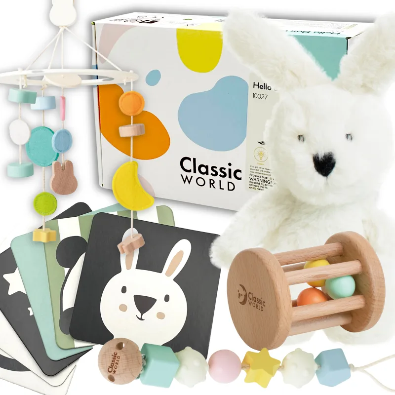 Pastelinių kūdikių dėžutės rinkinys CLASSIC WORLD Pirmieji žaislai nuo 0 iki 6 mėn · 2