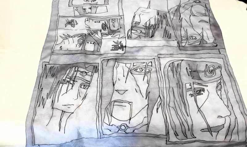 Pilka ANIME MANGA Kvadratinė šilko skara, Tapyta rankomis skara. Natūralus šilkas. Išskirtinė Dovana Visiems.