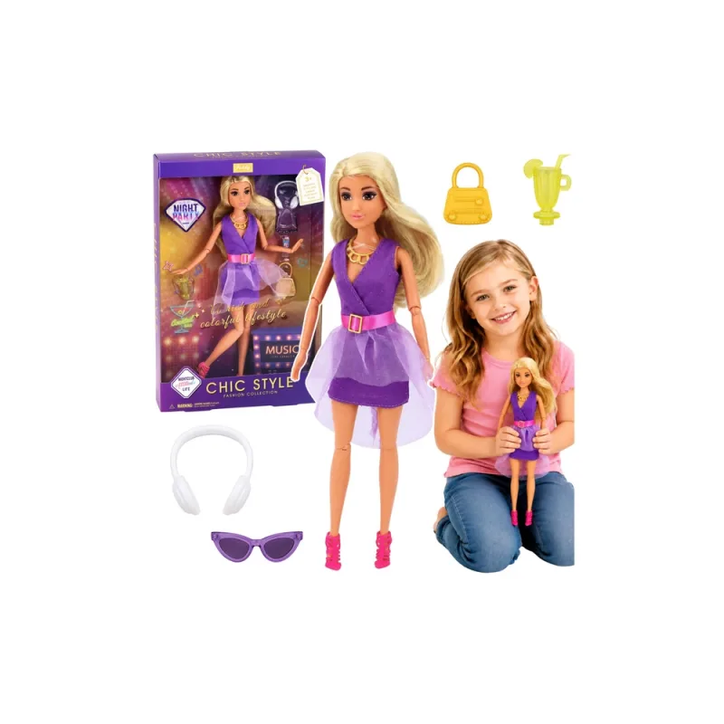 Lėlė Anlily Fashion su violetinė suknele, ausinėmis ir aksesuarais · 1
