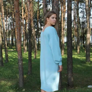 Šviesiai mėlyna megzta suknelė, Merino vilnos suknelė moterims, Oversized suknelė ilgomis rankovėmis