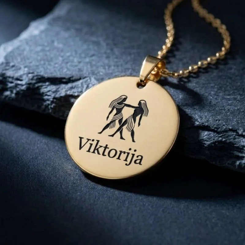 Graviruotas pakabukas su zodiako ženklu ir vardu, nerūdijantis plienas 316L