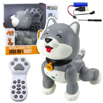 Interaktyvus šuo robotas Husky, valdomas nuotoliniu būdu (RC), reaguojantis į balsą, atliekantis triukus, pilkos spalvos
