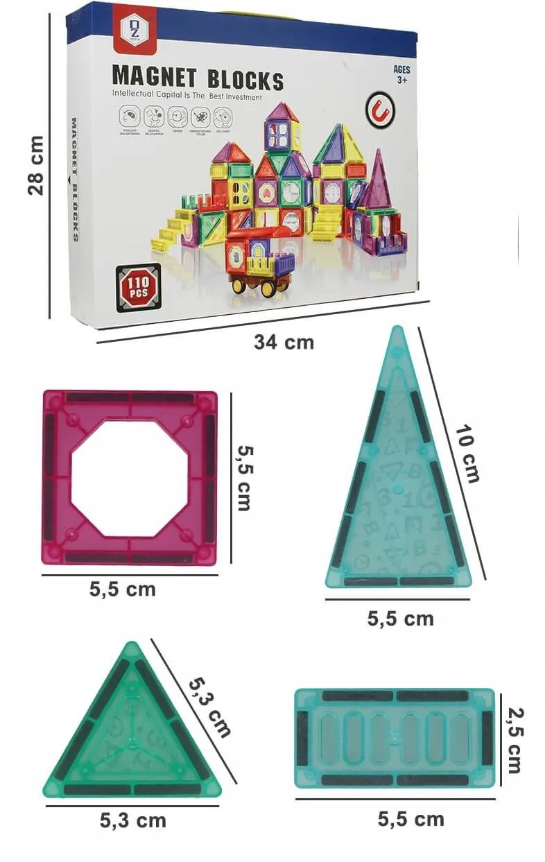 Magnetinis konstruktorius spalvoti blokeliai, 110 vnt · 2