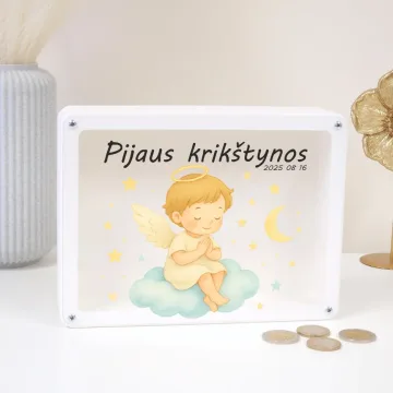 Vardinė taupyklė su angeliuku berniukui – dovana krikštynoms