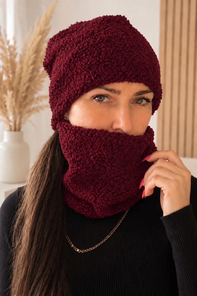 Moteriška Teddy kepurė ir kaklo mova – bordo spalvos