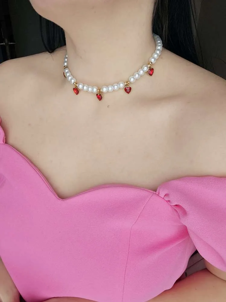 „Ruby Heart“ - puošnus stiklo perlų ir nerūdijančio plieno chokeris