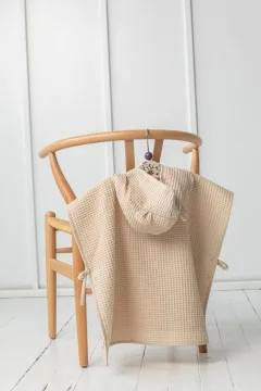 Šviesiai Smėlinis Vaikiškas Medvilninis Pončas su Ausytėmis/Pončas Berniukui Mergaitei/ Vaflinis Rankšluošluostis Pončas